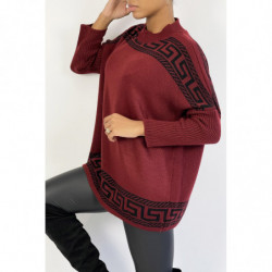 Pull oversize rouge bordeaux à motif grec