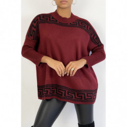 Pull oversize rouge bordeaux à motif grec