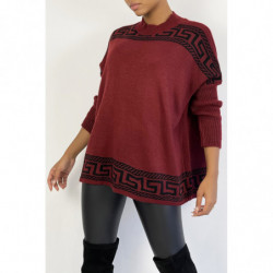 Pull oversize rouge bordeaux à motif grec