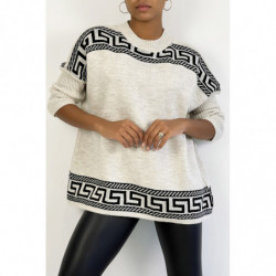 Pull oversize beige à motif grec