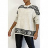 Pull oversize beige à motif grec