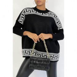 Pull oversize noir à motif grec