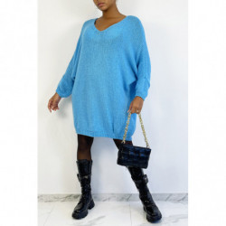 Pull long col V bleu très oversize style XXL en maille