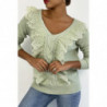 Pull  col V très chic vert pomme à volants