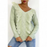 Pull  col V très chic vert pomme à volants