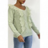 Pull  col V très chic vert pomme à volants