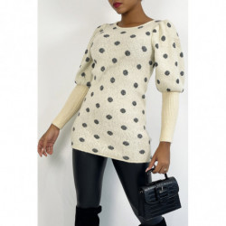 Pull beige long à poids et épaules bouffantes