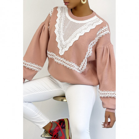 Pull rose over size manche bouffante avec motif en dentelle