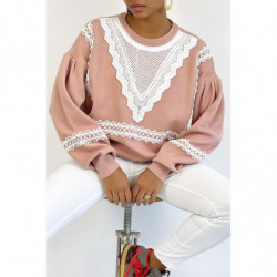 Pull rose over size manche bouffante avec motif en dentelle