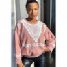 Pull rose over size manche bouffante avec motif en dentelle