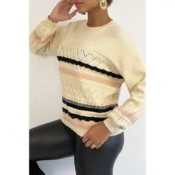 Pull beige à manches bouffantes et motifs rétro