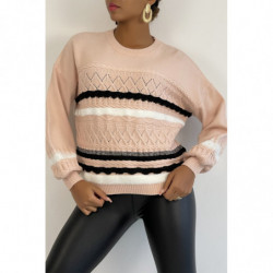 Pull rose à manches bouffantes et motifs rétro