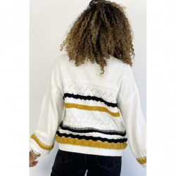 Pull blanc à manches bouffantes et motifs rétro