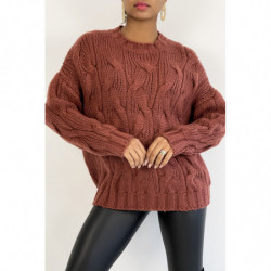 Pull oversize bien chaud en grosse maille tressée couleur cognac