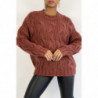 Pull oversize bien chaud en grosse maille tressée couleur cognac