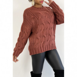 Pull oversize bien chaud en grosse maille tressée couleur cognac