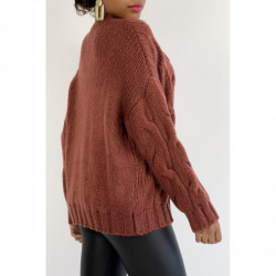 Pull oversize bien chaud en grosse maille tressée couleur cognac