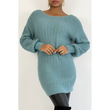 Pull dos-nu bleu à nouer en grosse maille et à manches bouffantes