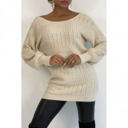 Pull dos-nu beige à nouer en grosse maille et à manches bouffantes