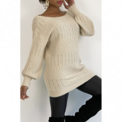 Pull dos-nu beige à nouer en grosse maille et à manches bouffantes