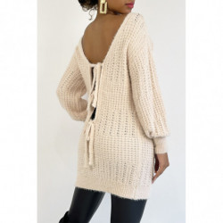 Pull dos-nu rose à nouer en grosse maille et à manches bouffantes