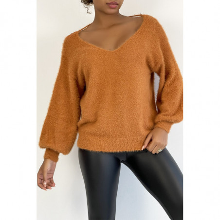 Pull dos nu couleur cognac tout doux à manches bouffantes