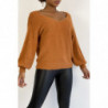 Pull dos nu couleur cognac tout doux à manches bouffantes