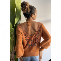 Pull dos nu couleur cognac tout doux à manches bouffantes