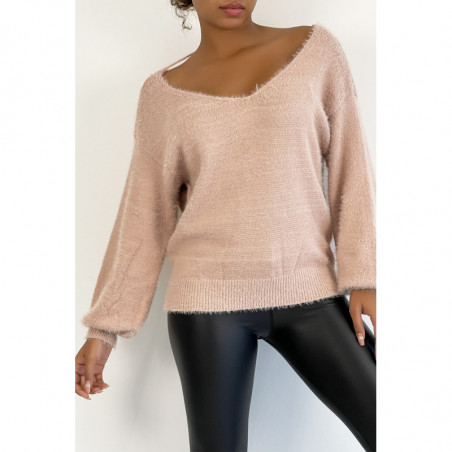 Pull dos nu rose tout doux à manches bouffantes