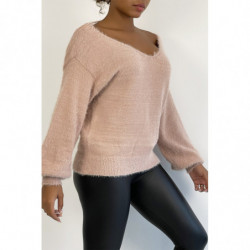 Pull dos nu rose tout doux à manches bouffantes