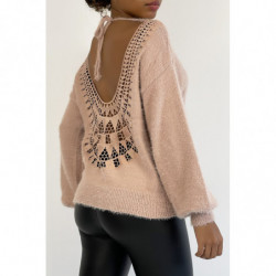 Pull dos nu rose tout doux à manches bouffantes