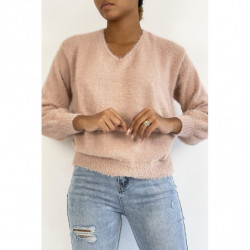 Pull dos nu rose tout doux à manches bouffantes