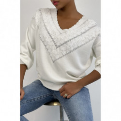 Pull blanc pour femme en col V avec motif en dentelle