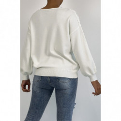 Pull blanc pour femme en col V avec motif en dentelle