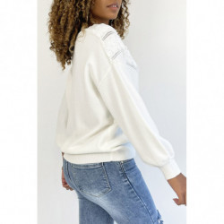 Pull blanc pour femme en col V avec motif en dentelle