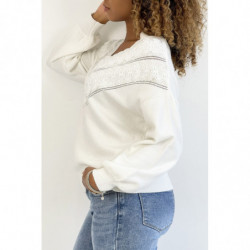 Pull blanc pour femme en col V avec motif en dentelle