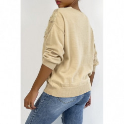 Pull beige pour femme en col V avec motif en dentelle