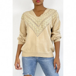 Pull beige pour femme en col V avec motif en dentelle