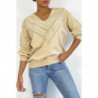 Pull beige pour femme en col V avec motif en dentelle