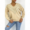 Pull beige pour femme en col V avec motif en dentelle