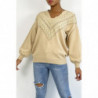 Pull beige pour femme en col V avec motif en dentelle