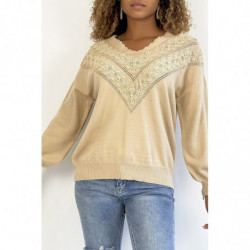 Pull beige pour femme en col V avec motif en dentelle