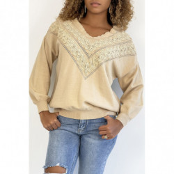 Pull beige pour femme en col V avec motif en dentelle