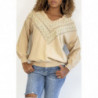 Pull beige pour femme en col V avec motif en dentelle