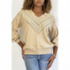 Pull beige pour femme en col V avec motif en dentelle