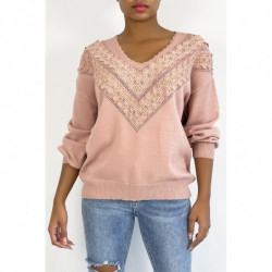 Pull rose pour femme en col...