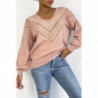 Pull rose pour femme en col V avec motif en dentelle