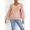 Pull rose pour femme en col V avec motif en dentelle