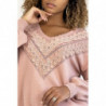 Pull rose pour femme en col V avec motif en dentelle