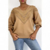 Pull camel pour femme en col V avec motif en dentelle